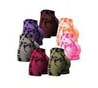 Shein Set de 7 pantalones cortos de compresión con efecto tie-dye para mujeres, pantalones cortos de yoga para gimnasio de cintura alta que levantan el tras