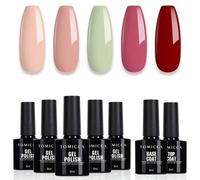 Shein Set de 7 piezas con 8ML de esmalte de uñas en gel en rosa claro, verde claro y rojo, que incluye base, top coat y cepillo de efecto prolongado. Kit ad