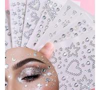 Shein Set de 7 Piezas de Decoración Facial 3D de Formas Variadas con Diamantes, Corazones Huecos y Estrellas, Maquillaje de Etapa Brillante de Color Platead