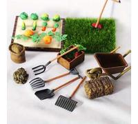 Shein Set de 7 piezas de herramientas en miniatura para el jardín - pala, rastrillo, cortadora de césped, modelos de vegetales para escena de plantación, re