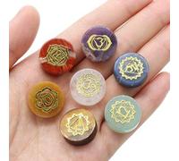 Shein Set de 7 piezas/paquete de adornos de piedra natural con forma redonda y símbolos grabados de los 7 chakras, cuarzo amatista de 16-18mm sin agujero