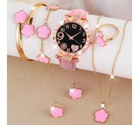 Shein Set de 7 piezas: Reloj de niña de piel de PU rosa, pulsera de trébol de 4 hojas, collar, aretes y anillo