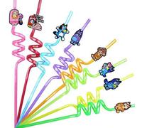 Shein Set de 8 pajitas reutilizables con diseños de la familia y amigos del dibujo animado Blueys, que incluye a los personajes Bluey, Bingo, Coco y Rusty c