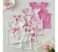 Shein Set de 8 piezas de ropa casual de uso diario para niñas de 0 a 3 años, incluye camiseta sin mangas con estampado de niña bailarina y shorts, para prim