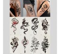 Shein Set de 8 tatuajes temporales brillantes con diseños de tótem negro que incluyen dragón, serpiente, peonía, rosa, tigre, león, lobo y mandalas con dise