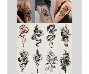 Shein Set de 8 tatuajes temporales brillantes con diseños de tótem negro que incluyen dragón, serpiente, peonía, rosa, tigre, león, lobo y mandalas con dise