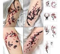 Shein Set de 8 tatuajes temporales coloridos y sensuales con estilo chino de flores de ciruelo, se pueden usar en los hombros y brazos, resistentes al agua,