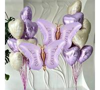 Shein Set de 9 globos con tema de mariposa, globo de aluminio de mariposa púrpura grande de 18 pulgadas, globos de corazón de color púrpura claro y crema, a
