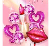Shein Set de 9 piezas de globos de lámina con forma de lápiz labial y corazón, incluye lápiz labial, globos de labios rojos, globos de confeti rosa intenso,