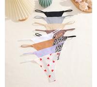 Shein Set de 9 tangas de mujer de tiro bajo, transpirables, con diseños de corazones y estampado de leopardo, cintura sensible, bragas tipo bikini sin costu