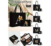 Shein Set de bolsa de lona negra, incluye 1 bolsa de tote con estampado de letras A-Z y 1 bolsa pequeña con letra de girasol y patrón floral, empaque de reg