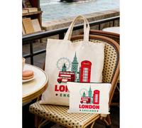 Shein Set de bolso de lona con estampado de hitos de Londres y bolso pequeño, bolsa de compras con diseño de Big Ben, autobús de dos pisos rojo y cabina tel