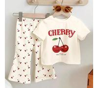 Shein Set de camiseta de manga corta de cuello redondo y pantalones acampanados de color blanco crema, vintage y dulce con estampado de cerezas mini, adecua