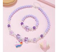 Shein Set de collar y pulsera morados hechos a mano con cuentas, conjunto de joyería de princesa de unicornio de colores de dibujos animados para niños, ade