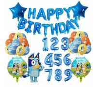 Shein Set de globos de látex con película de aluminio de dibujos animados Bluey, incluye globos con números del 1 al 9 en azul, adecuado para decoración de