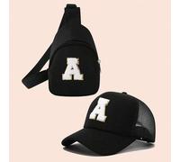 Shein Set de gorra de béisbol con gráfico de letras negra y bolso bandolera para niños y niñas, boina de malla con diseño transpirable para uso casual y act