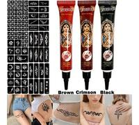 Shein Set de pasta de henna de 3 colores + plantilla de tatuaje hueco, diseños múltiples, pintura corporal, kit de tatuaje temporal semi-permanente, plantil