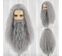Shein Set de peluca y bigote gris extravagante para hombre, peluca larga y barba para disfraz, peluca gris larga rizada con barba para disfraz de Jesús, pel
