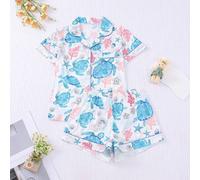 Shein Set de pijama con 2 piezas para mujer con estampado de tortuga y elementos marinos, blusa de manga corta con cuello y botones, y pantalones cortos sue