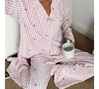 Shein Set de pijama de 2 piezas con top de manga larga holgado y cómodo, y pantalones largos, ropa de casa linda