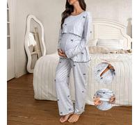 Shein Set de pijama de maternidad de 2 piezas con parte superior de manga larga con cuello redondo y pantalones, con estampado de lunares y lazos, apto para