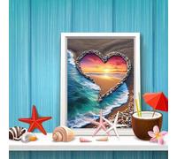 Shein Set de pintura de diamantes 5D con escenario de playa con forma de corazón y puesta de sol, arte de diamante gemstone DIY de perforación completa para