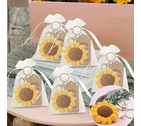 Shein Set de regalo de 12 piezas de llaveros de girasol de ganchillo, que incluye 4 llaveros de girasol hechos a mano, 4 tarjetas de agradecimiento y 4 bols