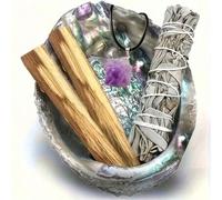 Shein Set de regalo de varitas de salvia blanca, varitas de salvia y palo santo para limpieza con colgante de amatista natural, fragancia para el hogar, rit