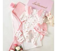 Shein Set de regalo para recién nacido, con patrón acanalado suave y floral blanco diminuto, delicado ribete de encaje blanco, ajuste cómodo y elegante, opc