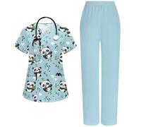 Shein Set de uniforme de enfermera con estampado de oso, que incluye blusa de pico y pantalones. Conjunto de ropa de entrenamiento. Conjunto de uniformes es