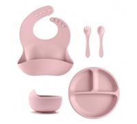 Shein Set de vajilla de silicona para bebés de 5 piezas, babero ajustable, plato con succión, tazón, cucharas y tenedores suaves, almacenamiento de alimento