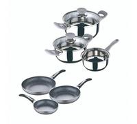Shein Set set 5pc bateria cocina acero inox ind gris alexia y set 3pc sarten (16+20+24cm) aluminio prensado ind negra soul marble. Envío gratuito en 24/48