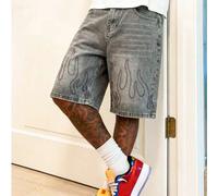 Shein Shorts bermudas de mezclilla gris lavado únicos con un patrón de llama de cristal negro hecho a mano, brillante y deslumbrante, silueta de pierna rect