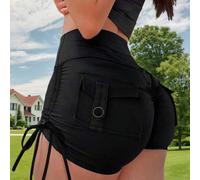 Shein Shorts de yoga deportivos de verano para mujer, elásticos, con efecto levanta glúteos, cintura ancha, bolsillos con solapa, cordón lateral, tipo leggi