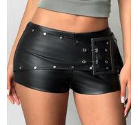 Shein Shorts negros de piel sintética de talle súper bajo y súper cortos, con remaches y hebilla gigante, de estilo vanguardista, sexy y elegante para uso c