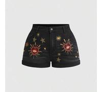 Shein Shorts vaqueros con dobladillo y bordado de estrellas y lunas, estilo vintage Y2K, talla grande
