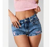 Shein Shorts vaqueros con estampado de logo de conejo - Casual de verano de festival con lavado vintage