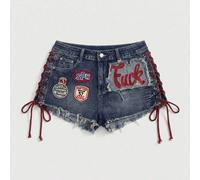 Shein Shorts vaqueros mini ajustados y sexys de cintura baja para mujer talla grande, estilo Y2K retro deportivo ballet preppy, con logo de eslogan, parche,