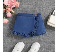 Shein Shorts vaqueros tipo falda escocesa boho cómodos con cintura elástica para envolver con ribete de volantes, lindos y suaves para bebé niña en primaver
