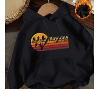 Shein Siluetas de los mundos paralelos al atardecer y letras impresas asociadas con Hawkins. Sudadera con capucha unisex para otoño/invierno Con un forro ex