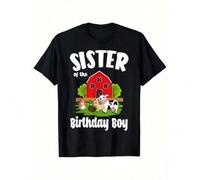 Shein Sister Of The Birthday Boy Farm Animal Bday Party T-Shirt, 100% Sister T Shirt For Women Mom Family Friends, Fabric Weight:180g, Black Round-Neck, S-X