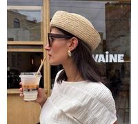 Shein Sombrero de ala pequeña estilo retro euro-americano francés, sombrero de paja de rafia natural, sombrero tipo cubo estilo pillbox elegante, boina/somb