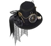 Shein Sombrero de copa mini steampunk, clip para el cabello con engranaje mecánico punk negro, sombrero pequeño negro con decoración de brújula, mejor regal