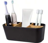 Shein Soporte de bambú para 5 cepillos de dientes, organizador de encimera de baño para cepillo de dientes eléctrico, pasta de dientes, afeitadora - Negro