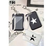 Shein Soporte de tarjeta con colgante de estrella en blanco y negro, colgante de perla, diseño de pentagrama, se puede usar como dije de bolso, llavero, sos