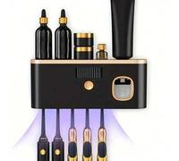 Shein Soporte esterilizador de cepillos de dientes UV con 5 ranuras, estante de cepillos de dientes montado en la pared con dispensador de pasta de dientes,