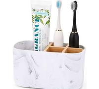 Shein Soporte para cepillos de dientes de baño, soporte de bambú para 5 cepillos de dientes, soporte para cepillo de dientes eléctrico y pasta de dientes, a
