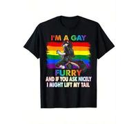Shein "Soy un furry gay" Camiseta del Mes del Orgullo con Zorro Arcoíris y Lobo - 100% algodón, estilo americano vintage, diseño único con cita humorística