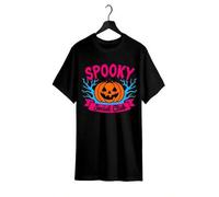 Shein Spooky Social Club Women's Halloween Graphic T-Shirt - Black Short Sleeve Round Neck Tee with Full-Body Print, Pink & Blue Pumpkin & Bat Desig