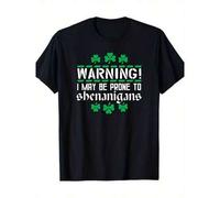 Shein St. Patrick's Day "Warning I May Be Prone To Shenanigans" Men's T-Shirt - Black With Green Shamrock Graphics, 100% Cotton Slim Fit Crew Neck Short Sle